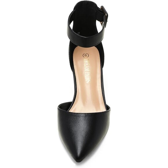🆕Women Black PU Chunky Low Block Heel Pointed Toe Ankle Strap Wedding Pumps - Picture 2 of 9
